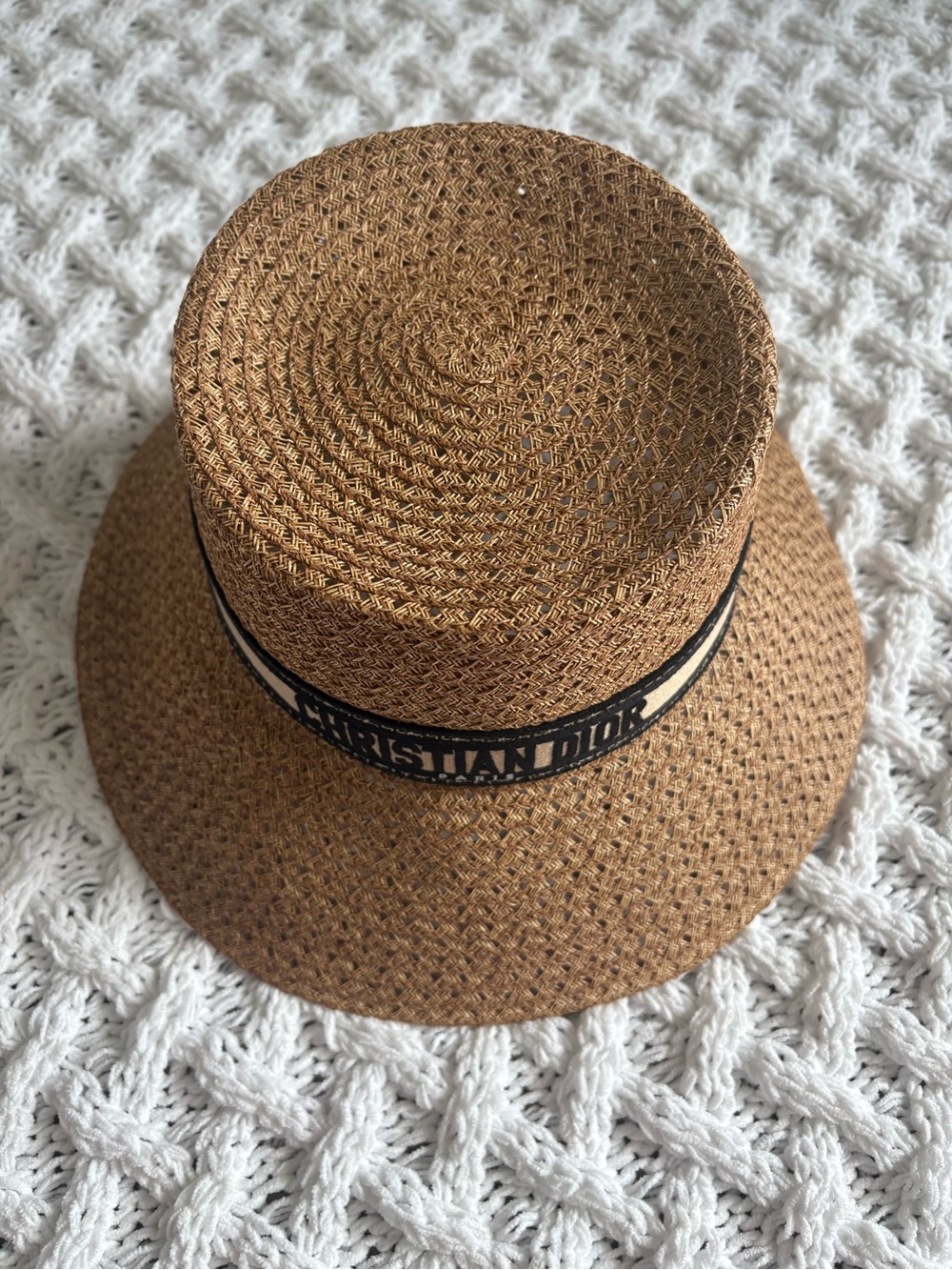 Christian Dior Woven Straw Bucket Hat in Brown with Black & Cream Band. - Picture 2 of 7